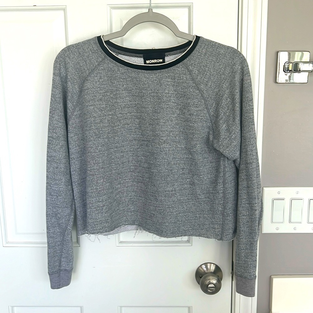 Monrow Contrast Cropped Raw Hem Terry Sweatshirt